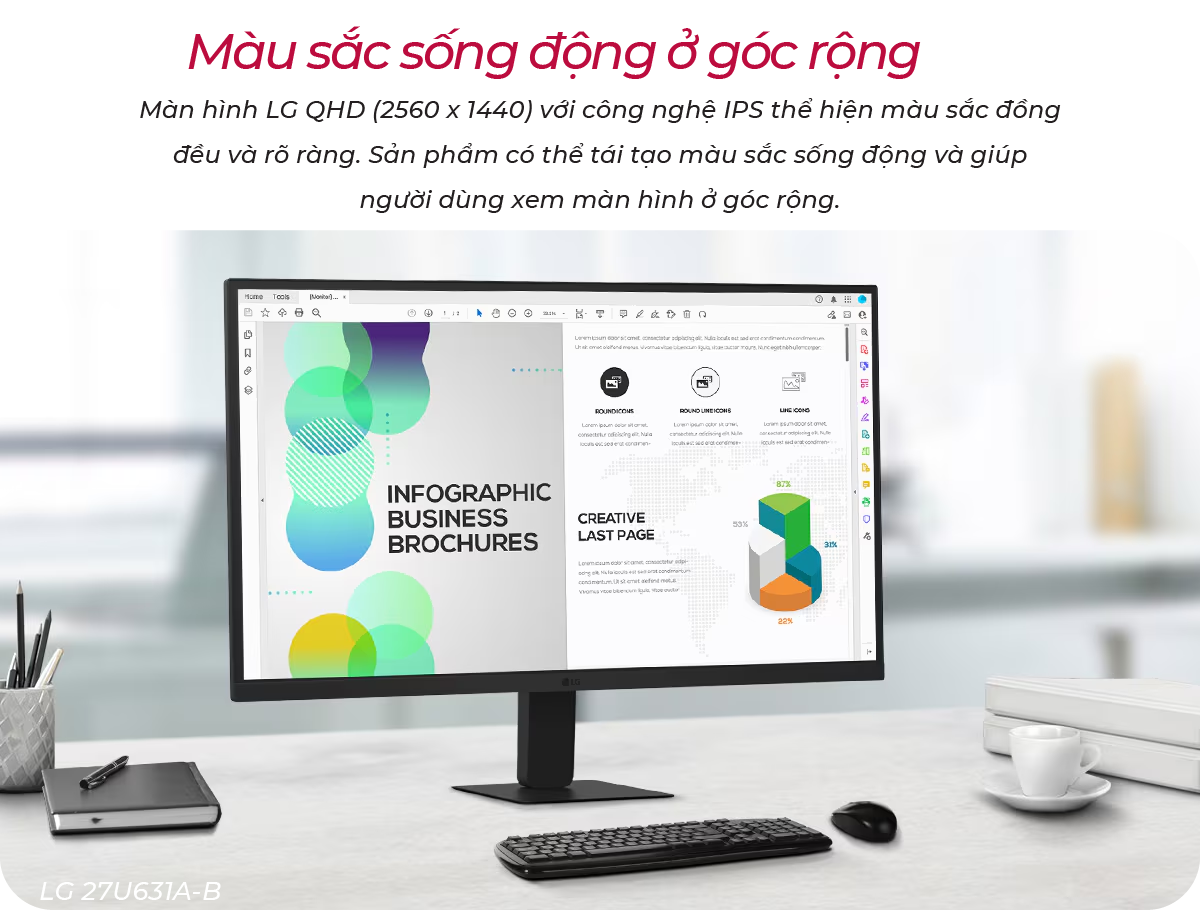 Màn hình LG 27U631A-B hiển thị cảnh chơi game 4K mượt mà hoặc giao diện chỉnh sửa ảnh chuyên nghiệp