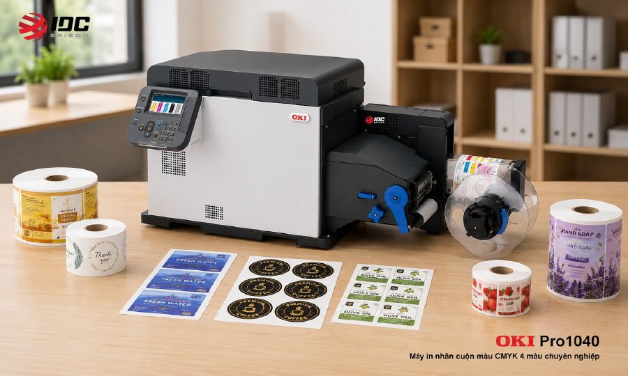 OKI Pro1040 in nhãn cuộn màu CMYK cho thực phẩm đồ uống mỹ phẩm on-demand